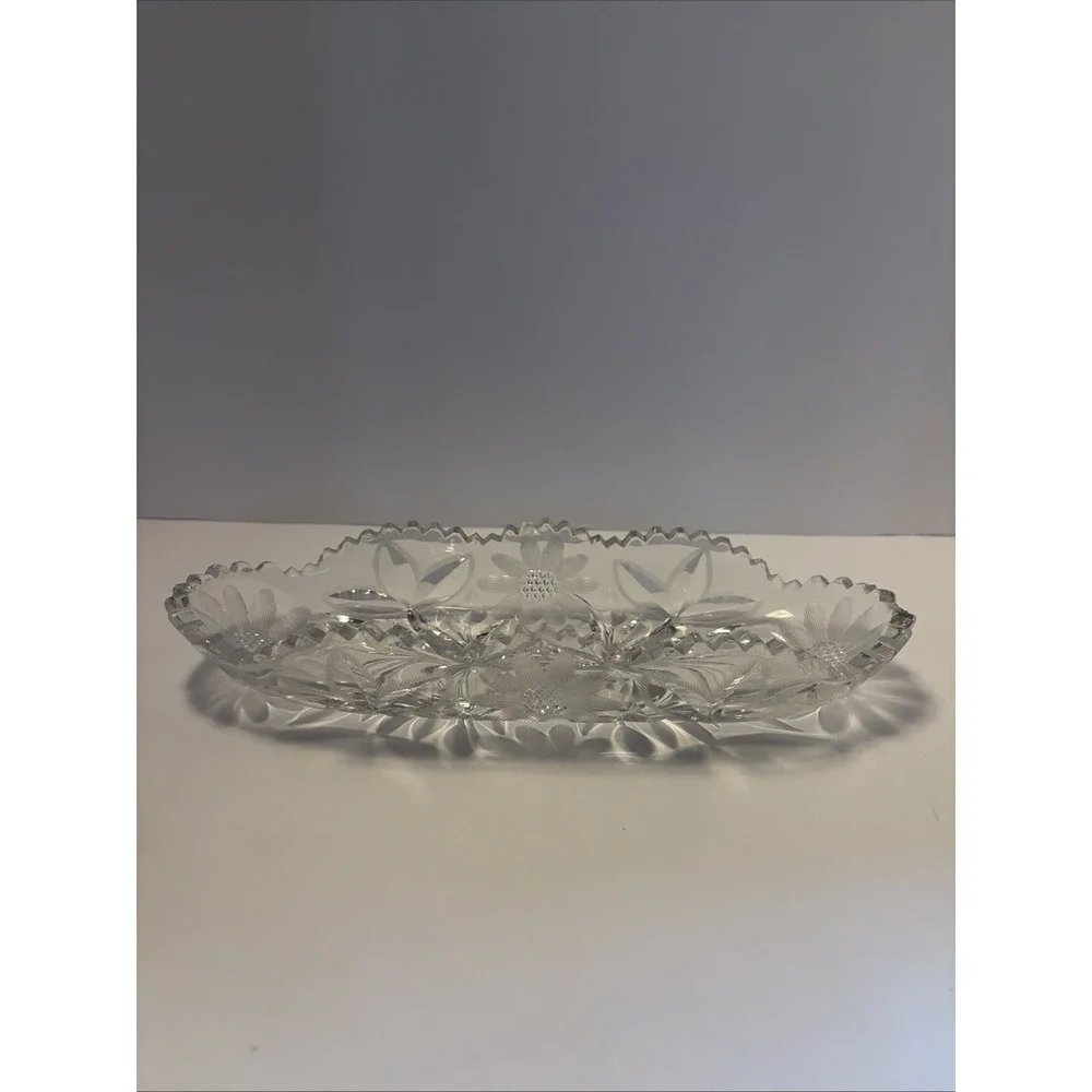 American Brilliant Period Glass Daisy Floral Diamond Pattern OVAL Relish‎ Dish